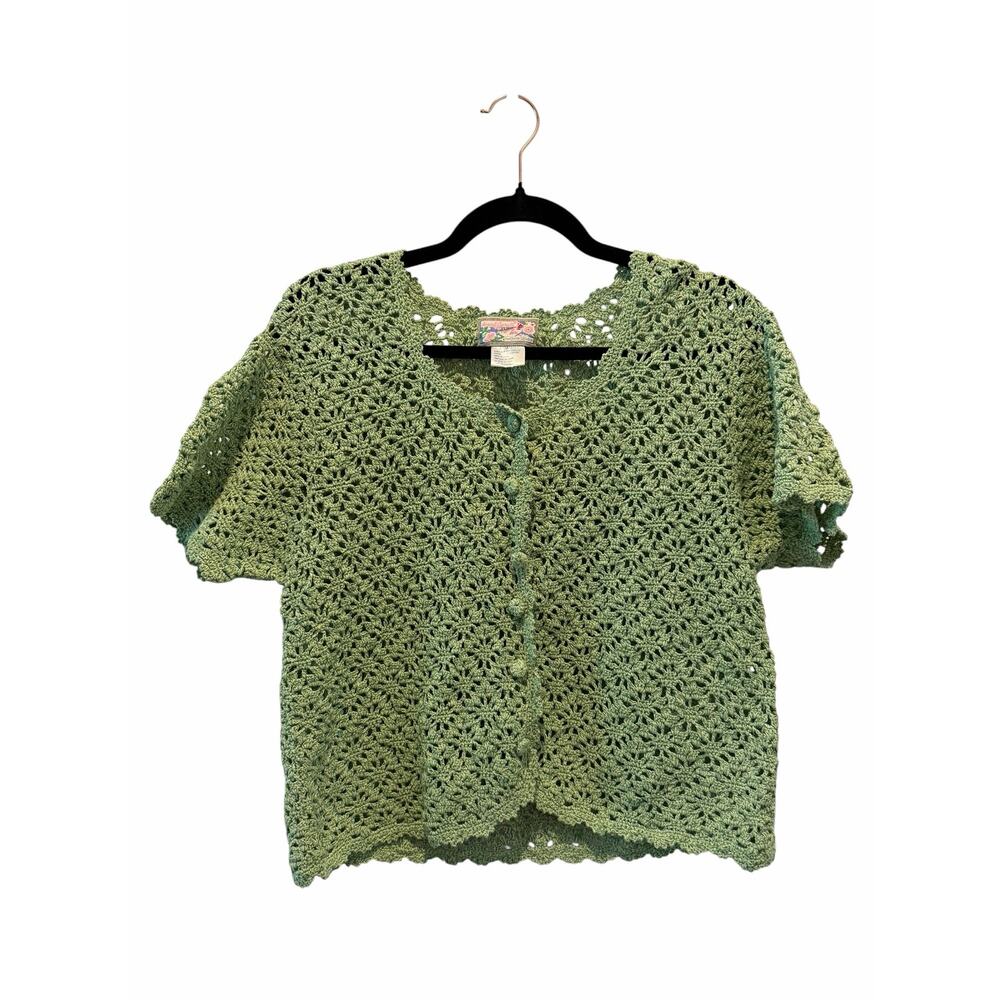 VTG April Cornell Green Crochet Cardigan Y2K M Cottagecore Boho Fairycore
